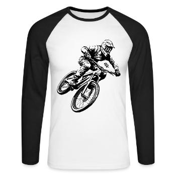 Abfahrt: Mountainbiken bergab - Unisex Baseballshirt langarm - Weiß/Schwarz - Vorne - Nik (191cm)