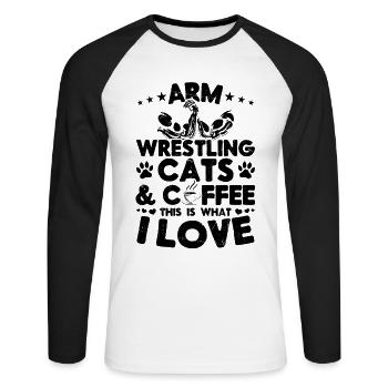 Bras de fer chats café c’est ce que j’aime - ar - T-shirt baseball manches longues Homme - blanc/noir - Devant - Nik (191cm)