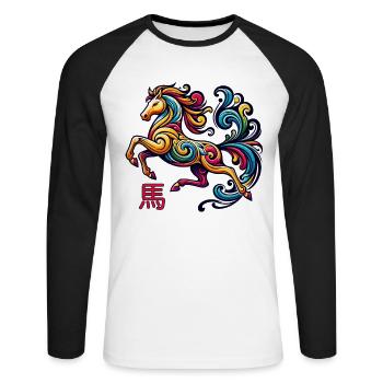 Élégant cheval du zodiaque chinois inspiré graphique - T-shirt baseball manches longues Homme - blanc/noir - Devant - Nik (191cm)