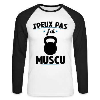 je peux pas j ai muscu - T-shirt baseball manches longues Homme - blanc/noir - Devant - Nik (191cm)