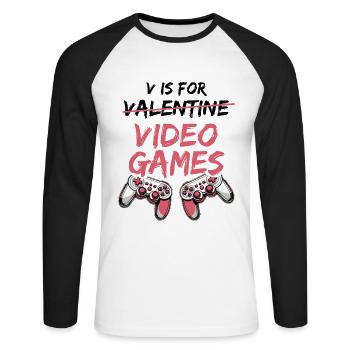 V comme Jeux vidéo de la Saint-Valentin - Saint-Valentin - T-shirt baseball manches longues Homme - blanc/noir - Devant - Nik (191cm)