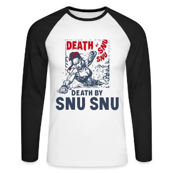 Mort par Snu Snu, femme de fitness musculaire - T-shirt baseball manches longues Homme - blanc/noir - Devant - Nik (191cm)