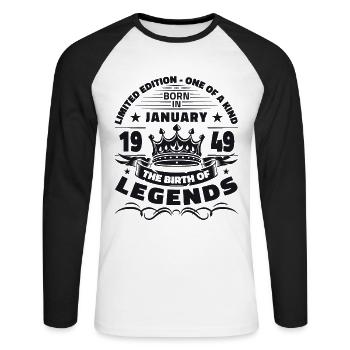 75th Birthday January Vintage Legendary Since 1949 - Unisex Long Sleeve Baseball T-Shirt - white/black - Front - Nik (191cm)