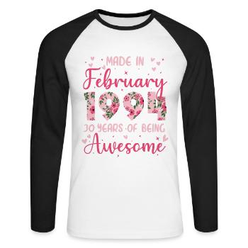 Februar 1994 Geschenk zum 30-jährigen Jubiläum für Ehefrau - Unisex Baseballshirt langarm - Weiß/Schwarz - Vorne - Nik (191cm)
