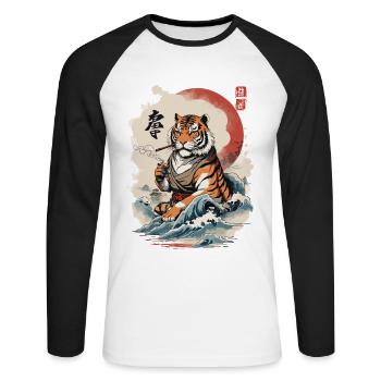Ukiyo-E Tiger Japan Wave Streetwear Artwork - Unisex Long Sleeve Baseball T-Shirt - white/black - Front - Nik (191cm)