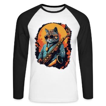 Chat drôle jouant de la musique de saxophone - T-shirt baseball manches longues Homme - blanc/noir - Devant - Nik (191cm)