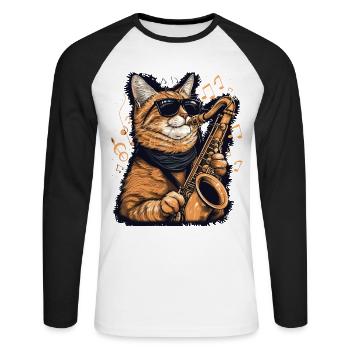 Chat drôle jouant des notes de musique de saxophone graphique - T-shirt baseball manches longues Homme - blanc/noir - Devant - Nik (191cm)