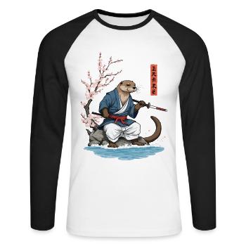 Kawaii Samurai Otter Ukiyo-E Kunst Streetwear - Unisex Baseballshirt langarm - Weiß/Schwarz - Vorne - Nik (191cm)