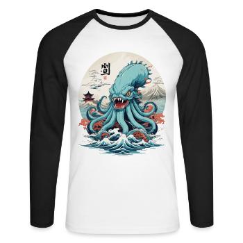 Vintage Kraken Sea Monster Japan Style Aesthetic - Unisex Long Sleeve Baseball T-Shirt - white/black - Front - Nik (191cm)