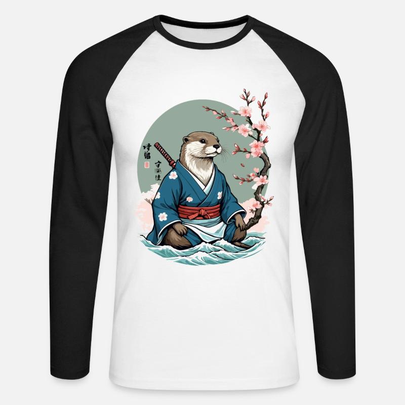 Estetiche Lontra Samurai Vintage Ukiyo-E Design - Maglia da baseball a manica lunga da uomo - bianco/nero