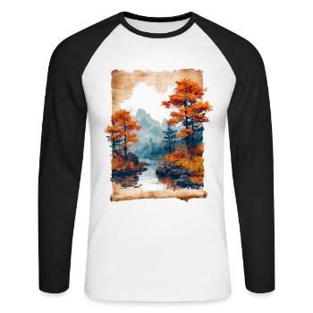 Classic Scenery Papyrus Scroll Onsen Japanese - Unisex Long Sleeve Baseball T-Shirt - white/black - Front - Nik (191cm)