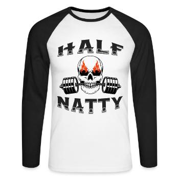 Half Natty Bodybuilder Fitness Workout Gym Skull - Unisex Long Sleeve Baseball T-Shirt - white/black - Front - Nik (191cm)