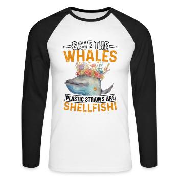 Rettet die Wale: Plastikstrohhalme sind Schalentiere - Unisex Baseballshirt langarm - Weiß/Schwarz - Vorne - Nik (191cm)