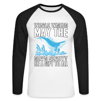 Whale wishes may the sea's beauty be a gift to all - Unisex Long Sleeve Baseball T-Shirt - white/black - Front - Nik (191cm)