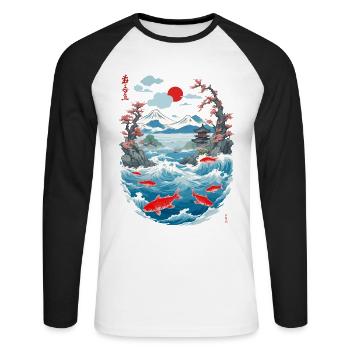 Aesthetic Koi Carp Japan Vintage Streetwear - Unisex Long Sleeve Baseball T-Shirt - white/black - Front - Nik (191cm)