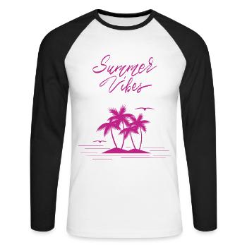 Summer Vibes, an island with palm trees in the sea, pink - Unisex Long Sleeve Baseball T-Shirt - white/black - Front - Nik (191cm)
