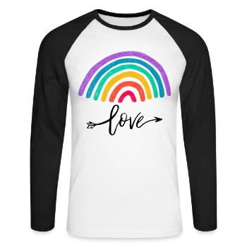Liebesgrafik love hugs and kisses Regenbogen - Unisex Baseballshirt langarm - Weiß/Schwarz - Vorne - Nik (191cm)