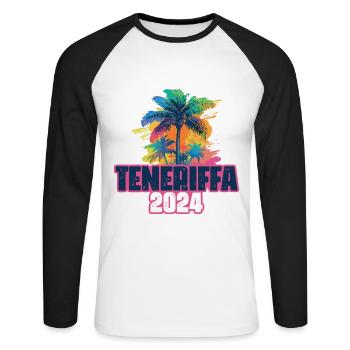 Teneriffa 2024 Urlaub Palmen Klecks - Unisex Baseballshirt langarm - Weiß/Schwarz - Vorne - Nik (191cm)