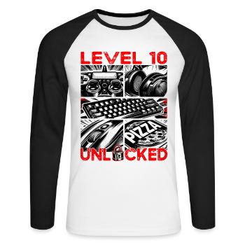Geburtstag Level 10 freigeschaltet Gaming & Zocker - Unisex Baseballshirt langarm - Weiß/Schwarz - Vorne - Nik (191cm)
