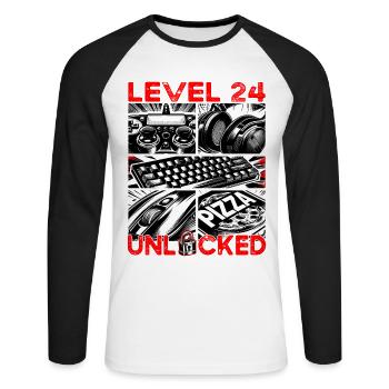 Birthday Level 24 Unlocked Gaming & Gamblers - Unisex Long Sleeve Baseball T-Shirt - white/black - Front - Nik (191cm)