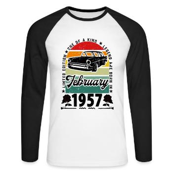 Anniversaire février 1957, Vintage février 1957. - T-shirt baseball manches longues Homme - blanc/noir - Devant - Nik (191cm)