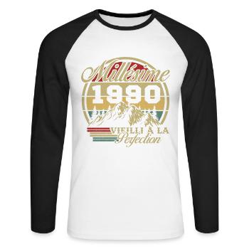Millésime 1990, Cadeau D'anniversaire Vintage 1990 - T-shirt baseball manches longues Homme - blanc/noir - Devant - Nik (191cm)