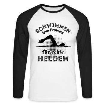 Schwimmen kein Problem für echte Helden - Unisex Baseballshirt langarm - Weiß/Schwarz - Vorne - Nik (191cm)