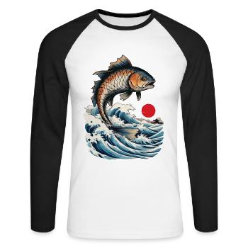 Poisson Ukiyo-E Japon pêcheur pêche Design Vintage - T-shirt baseball manches longues Homme - blanc/noir - Devant - Nik (191cm)