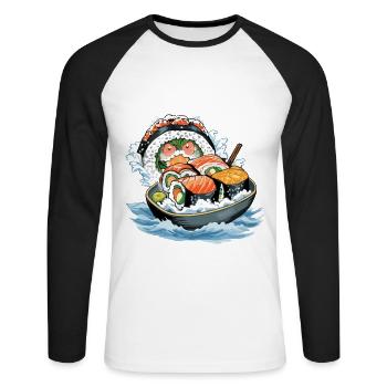 Lustiges Sushi Yokai Monster liebt Sushi - Unisex Baseballshirt langarm - Weiß/Schwarz - Vorne - Nik (191cm)