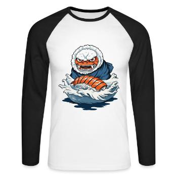 Drôle Sushi Yokai Rice Monster Streetwear - T-shirt baseball manches longues Homme - blanc/noir - Devant - Nik (191cm)
