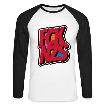 FCK NZS - Gegen Rechts - Nie wieder ist jetzt - Unisex Baseballshirt langarm - Weiß/Schwarz - Vorne - Nik (191cm)