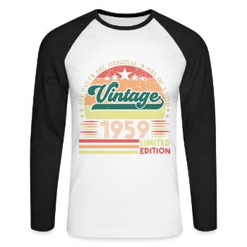 Retro 1959 Geburtstagsgeschenk. Jahrgang 1959. - Unisex Baseballshirt langarm - Weiß/Schwarz - Vorne - Nik (191cm)