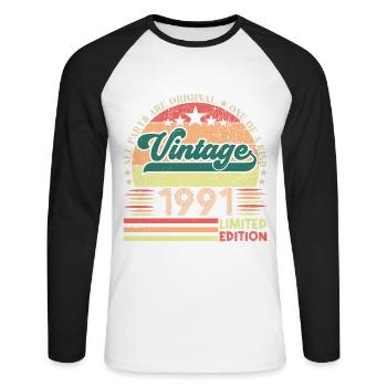 Cadeau d’anniversaire Retro 1991. Vintage 1991. - T-shirt baseball manches longues Homme - blanc/noir - Devant - Nik (191cm)