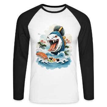 Sushi Rice Monster Japon Art Streetwear - T-shirt baseball manches longues Homme - blanc/noir - Devant - Nik (191cm)