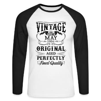 Vintage Made In 1994 Baujahr Mai 1994 Geboren - Unisex Baseballshirt langarm - Weiß/Schwarz - Vorne - Nik (191cm)