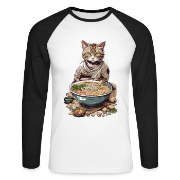 Cat Loves Ramen Japon Esthétique Streetwear - T-shirt baseball manches longues Homme - blanc/noir - Devant - Nik (191cm)