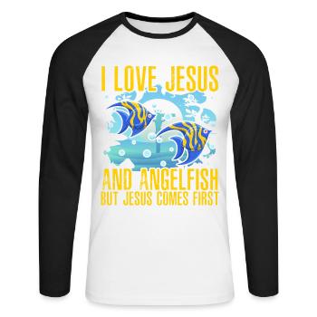 I love Jesus and Angelfish but Jesus comes first - Unisex Long Sleeve Baseball T-Shirt - white/black - Front - Nik (191cm)