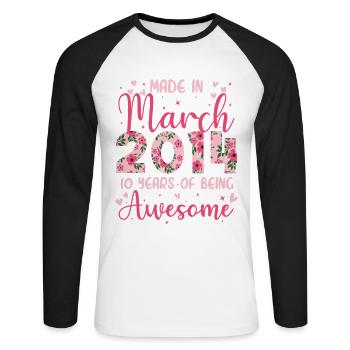 März 2014 Geschenk zum 10-jährigen Jubiläum für Mädchen - Unisex Baseballshirt langarm - Weiß/Schwarz - Vorne - Nik (191cm)