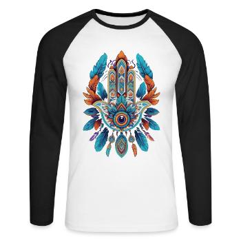 Spirituelle Hamsa Hand Mandala Federn - Unisex Baseballshirt langarm - Weiß/Schwarz - Vorne - Nik (191cm)