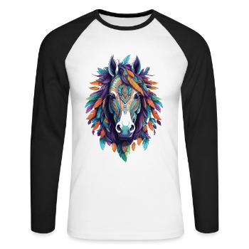 Spirituelles Pferd Mandala Kunstwerk - Unisex Baseballshirt langarm - Weiß/Schwarz - Vorne - Nik (191cm)