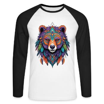 ours Mandala plumes Design ésotérique - T-shirt baseball manches longues Homme - blanc/noir - Devant - Nik (191cm)
