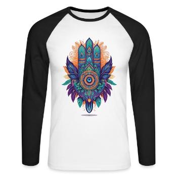 Hamsa Hand Spiritual Mandala Feathers Design - Unisex Long Sleeve Baseball T-Shirt - white/black - Front - Nik (191cm)