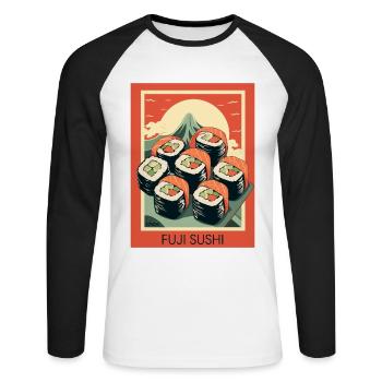 Parodie japanisch Werbeposter: Mount Fuji Sushi - Unisex Baseballshirt langarm - Weiß/Schwarz - Vorne - Nik (191cm)