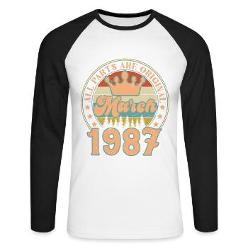Mars 1987. Cadeau d’anniversaire mars 1987. March. - T-shirt baseball manches longues Homme - blanc/noir - Devant - Nik (191cm)