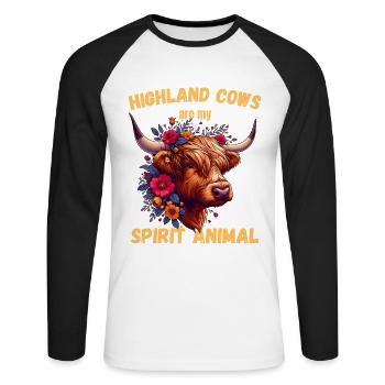 Vache, Highlands Écossais, Boeuf, , Animal, Âme - T-shirt baseball manches longues Homme - blanc/noir - Devant - Nik (191cm)