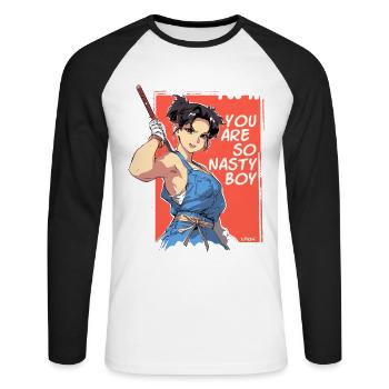Du bist frech! Anime-Mädchen mit Stock - Unisex Baseballshirt langarm - Weiß/Schwarz - Vorne - Nik (191cm)