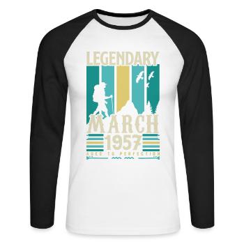 März 1957 Geburtstag, März 1957 Vintage-Geschenk. - Unisex Baseballshirt langarm - Weiß/Schwarz - Vorne - Nik (191cm)