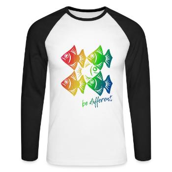 Be different - Fische - gegen den Strom schwimmen - Unisex Baseballshirt langarm - Weiß/Schwarz - Vorne - Nik (191cm)