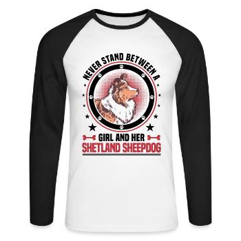 Fille et son chien de berger Sheltie Shetland - T-shirt baseball manches longues Homme - blanc/noir - Devant - Nik (191cm)