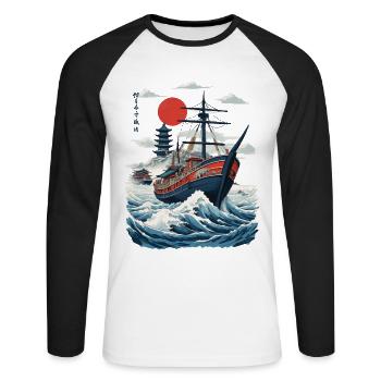 Japan Retro Ukiyo-E Aesthetic Captain Sailboat - Unisex Long Sleeve Baseball T-Shirt - white/black - Front - Nik (191cm)